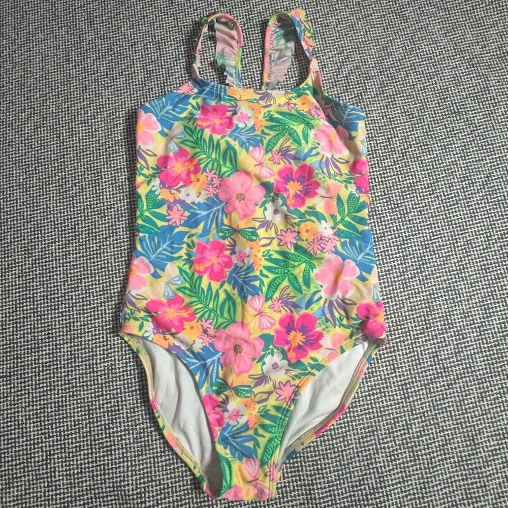 Cat & Jack Girls XL 14 One Piece Swimsuit Tropical Floral Butterfly Ruffle Pink
